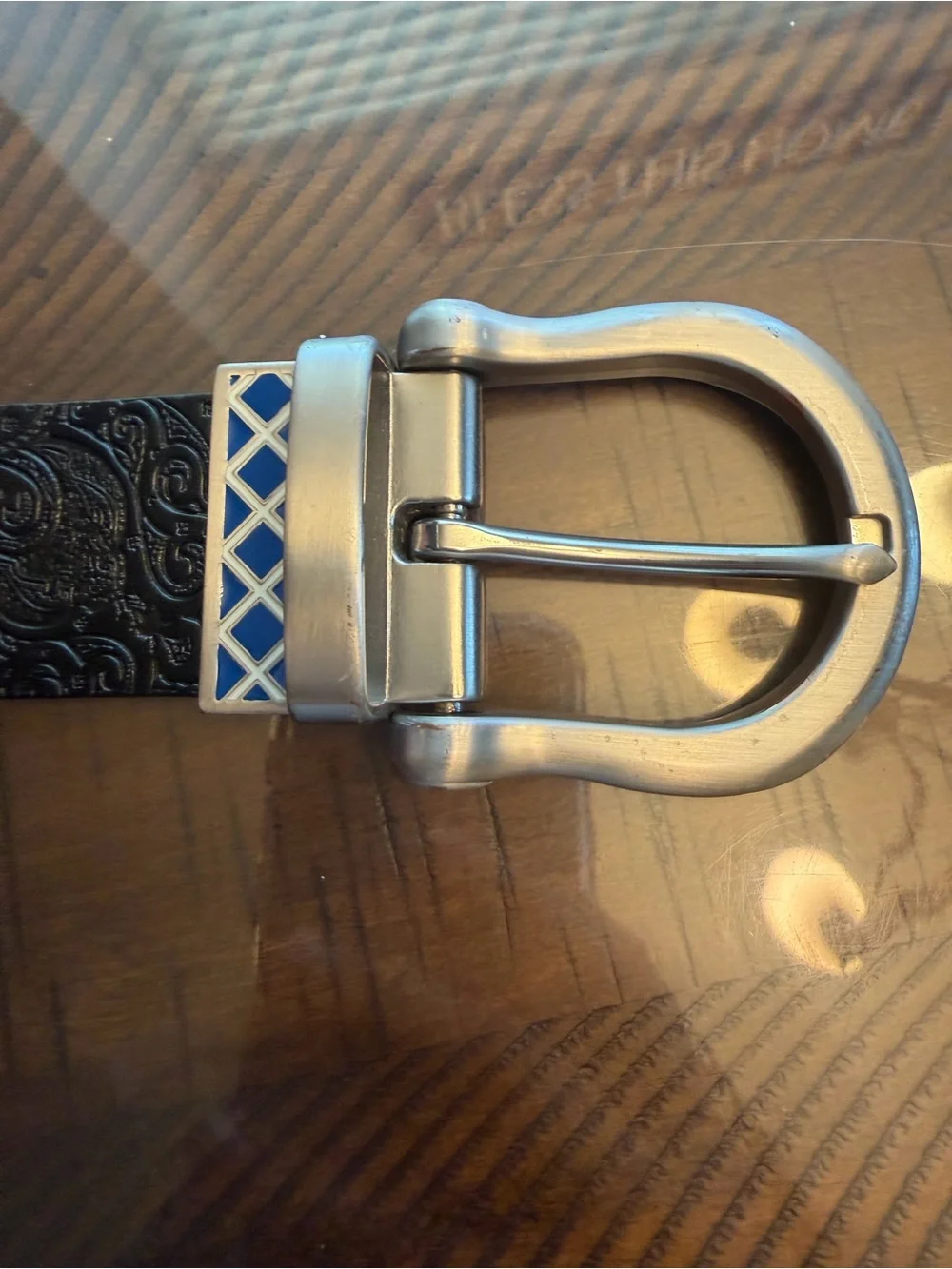 Robert Graham men’s Embossed Black Leather Belt with Bright Blue Lining